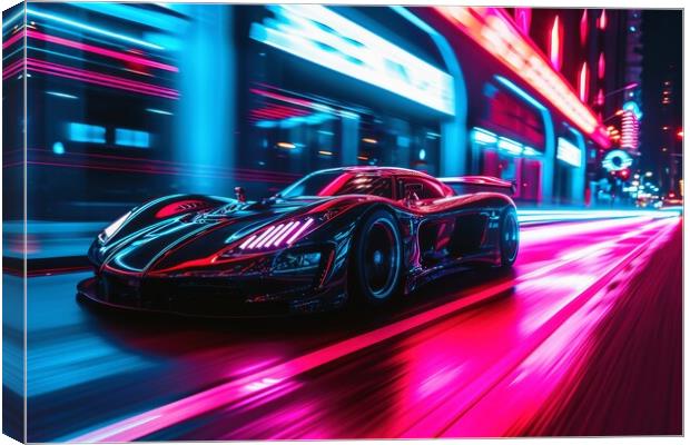 A low angle view of a fast driving sports car with neon lights o Canvas Print by Michael Piepgras