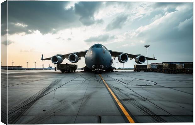 A military transport airplane on an airport loading equipment. Canvas Print by Michael Piepgras