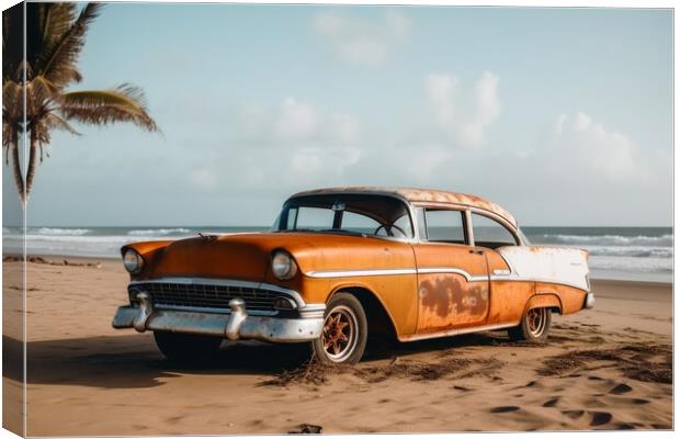 A vintage car arriving at a lonely beach. Canvas Print by Michael Piepgras