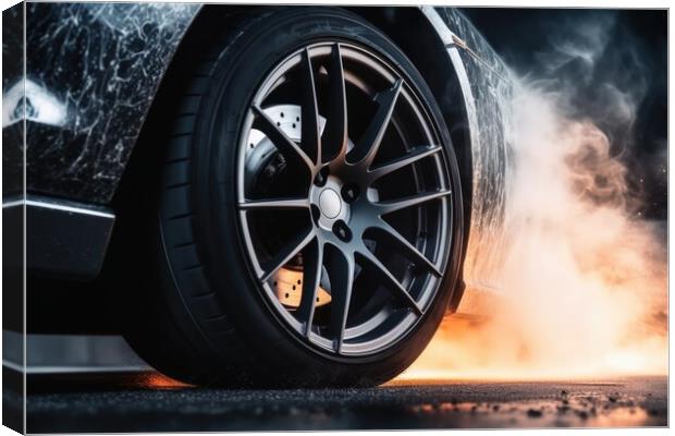 A wheel of a sports car spinning fast and producing smoke. Canvas Print by Michael Piepgras