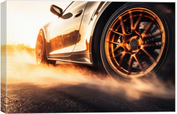 A wheel of a sports car spinning fast and producing smoke. Canvas Print by Michael Piepgras