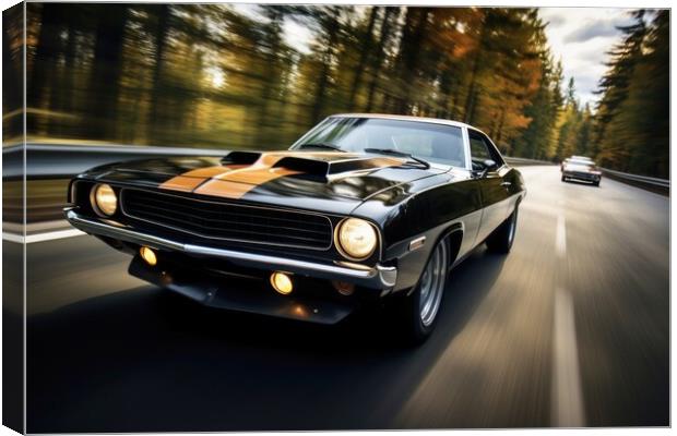Doing a race with a another muscle car in a close up view. Canvas Print by Michael Piepgras