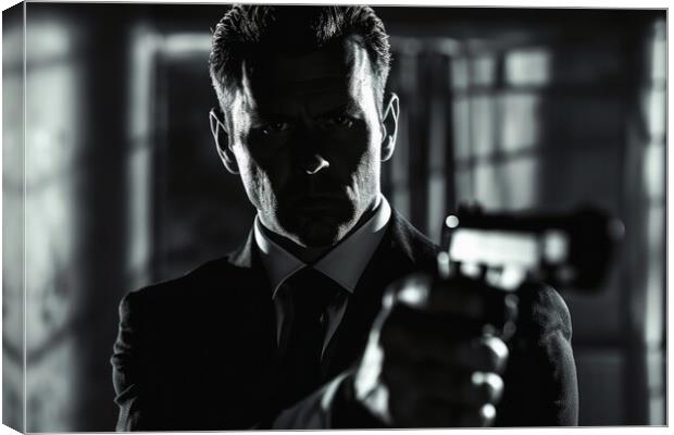 Ficitional secret agent with a weapon in his hand. Canvas Print by Michael Piepgras