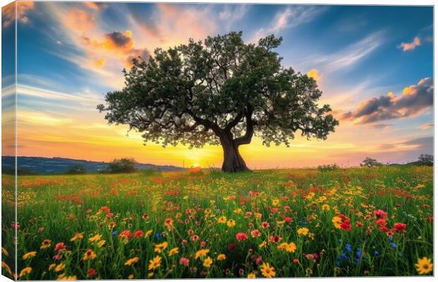 A very old gnarled tree stands alone in a field of flowers at su Canvas Print by Michael Piepgras