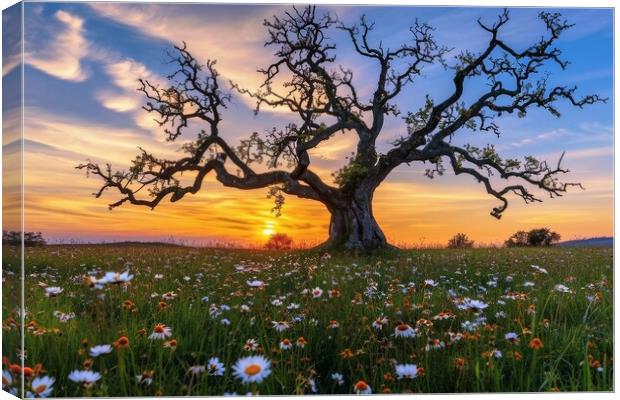 A very old gnarled tree stands alone in a field of flowers at su Canvas Print by Michael Piepgras