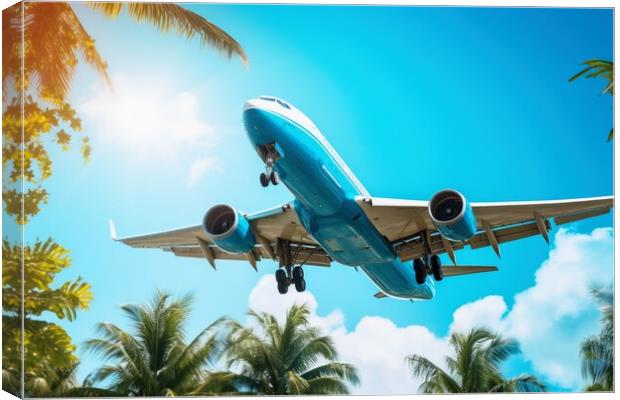 A big aircraft jet in the sky of a tropical island. Canvas Print by Michael Piepgras