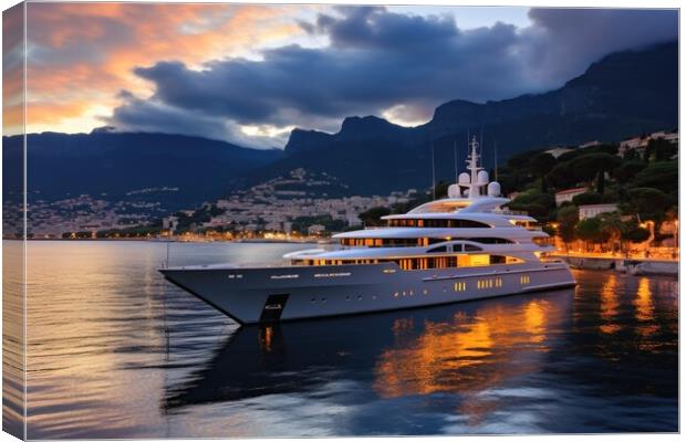 A luxury yacht in the harbor at dusk. Canvas Print by Michael Piepgras