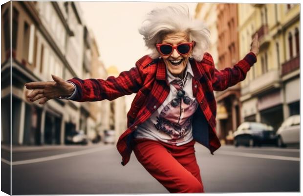 A retired woman having fun on a skateboard. Canvas Print by Michael Piepgras