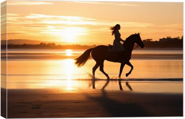 A woman riding on a horse at a beautiful beach. Canvas Print by Michael Piepgras