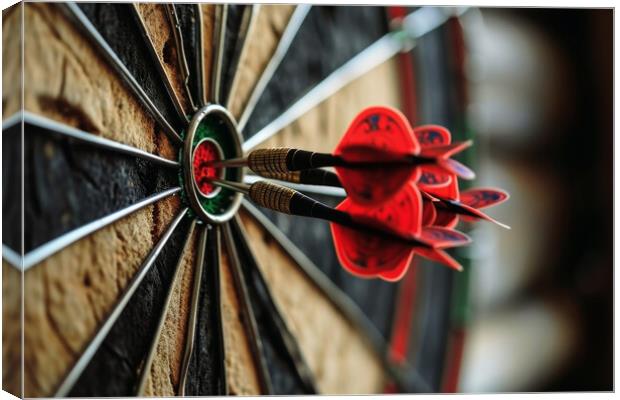 Three darts hitting perfect on the target bullseye. Canvas Print by Michael Piepgras