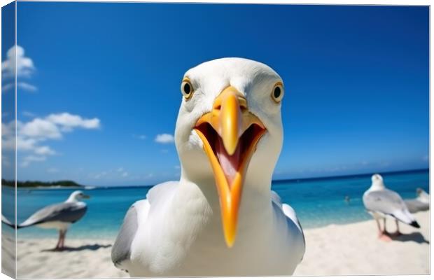 A seagull close up in the blue sky at the beach. Canvas Print by Michael Piepgras