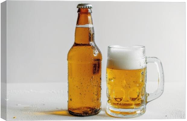 A bottle of beer and a filled glass on a white background. Canvas Print by Michael Piepgras