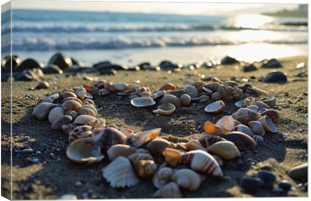 A heart shape made of shells at a beach. Canvas Print by Michael Piepgras