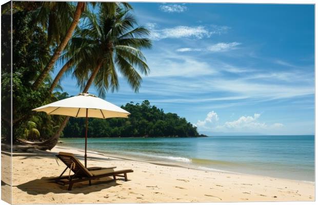 A deck chair and parasol on a secluded dream beach with palm tre Canvas Print by Michael Piepgras