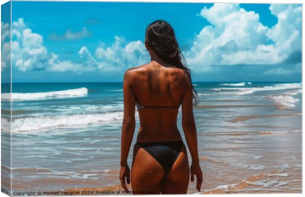 A woman at a beach wearing a black bikini. Canvas Print by Michael Piepgras