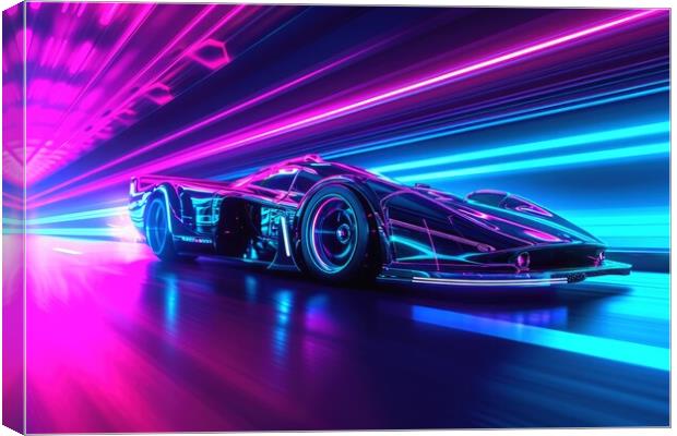 A fast car in a futuristic neon light city. Canvas Print by Michael Piepgras