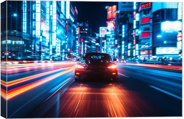A fast car with glowing headlights driving through a bustling ci Canvas Print by Michael Piepgras