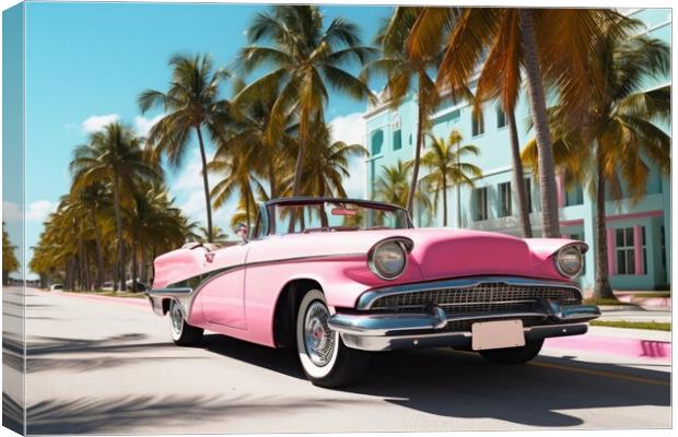 Pink convertible from the 70s in an avenue of palm trees. Canvas Print by Michael Piepgras