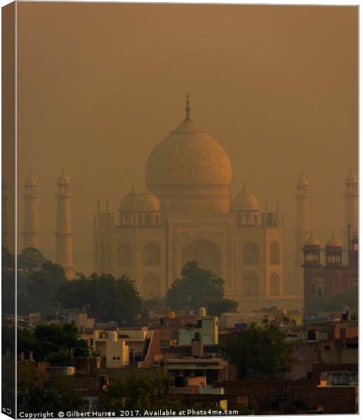 Dawn's Embrace on Taj Mahal Canvas Print by Gilbert Hurree