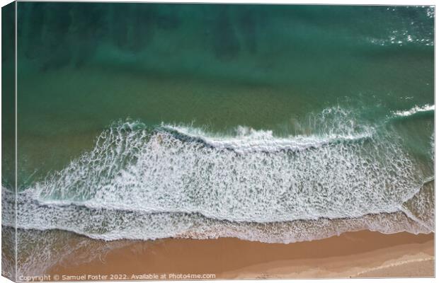 Beach and waves from top view. Turquoise water background Canvas Print by Samuel Foster