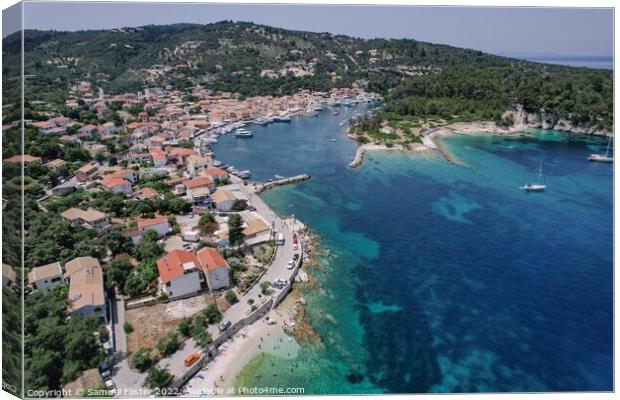 Aerial View Small Greek town Paxos in Corfu Marina Canvas Print by Samuel Foster