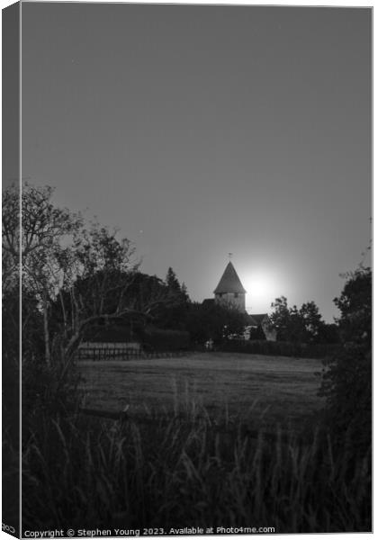 Moonrise over 12th Century Parish Church of St Mar Canvas Print by Stephen Young