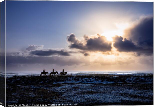 Silhouettes in the Storm: Icelandic Riders and Ponies Canvas Print by Stephen Young