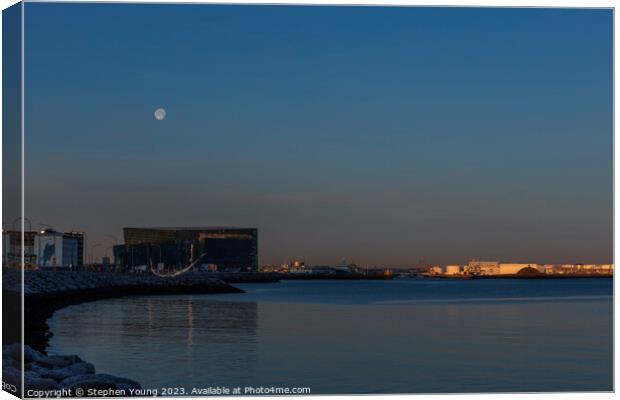 Reykjavik's Winter Twilight: Moonlit Waterfront Canvas Print by Stephen Young