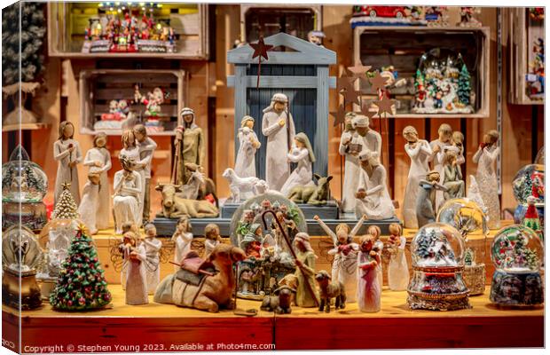 Cologne Christmas Market - Festive Scenes with Religious Figurines and Snow Globes Canvas Print by Stephen Young