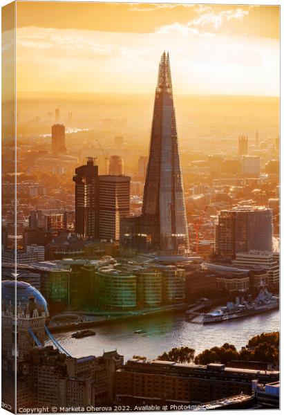 Aerial London view of the Shard skyscraper sunset   Canvas Print by Spotmatik 