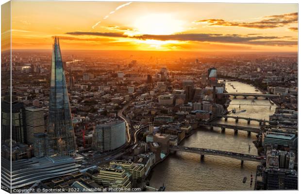 Aerial Shard skyscraper sunset view London Capital UK Canvas Print by Spotmatik 