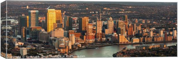 Aerial Panorama London view at sunset Canary Wharf  Canvas Print by Spotmatik 