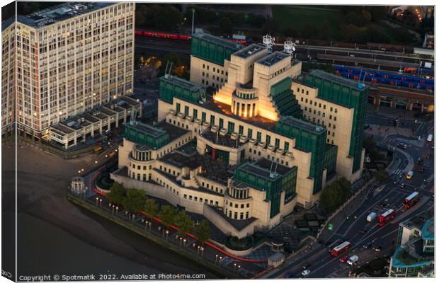 Aerial view London MI6 Government Building River Thames  Canvas Print by Spotmatik 