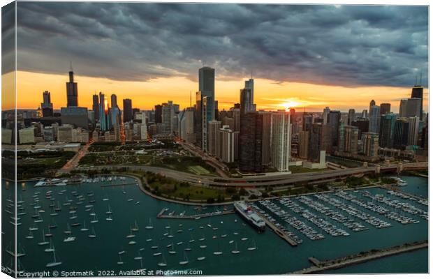 Aerial Chicago sunset view of harbor shoreline marina Canvas Print by Spotmatik 