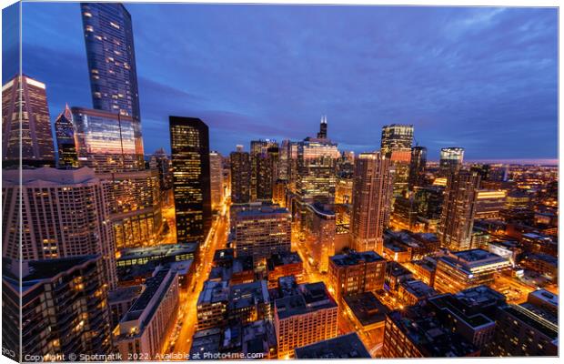 Aerial Chicago skyscrapers illuminated at dusk Trump Tower  Canvas Print by Spotmatik 