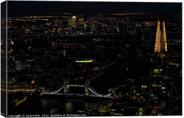 Aerial illuminated London Tower Bridge river Thames travel Canvas Print by Spotmatik 