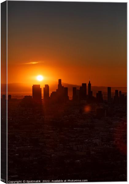 Aerial sunrise Los Angeles city skyline California America Canvas Print by Spotmatik 