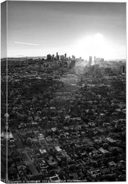 Aerial cityscape sunrise over downtown Los Angeles Canvas Print by Spotmatik 