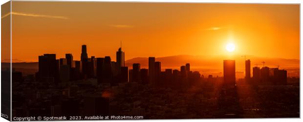 Aerial Panorama sunrise Los Angeles city skyline Canvas Print by Spotmatik 