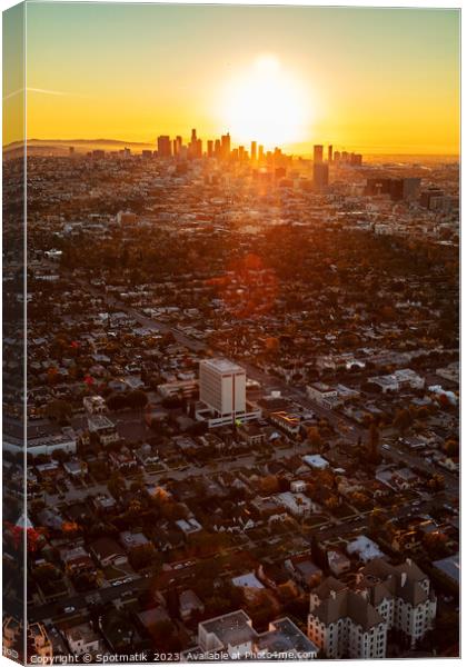 Aerial skyline sunrise over Los Angeles California Canvas Print by Spotmatik 