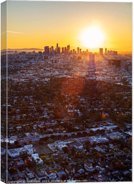 Aerial sunrise of Los Angeles skyline California Canvas Print by Spotmatik 