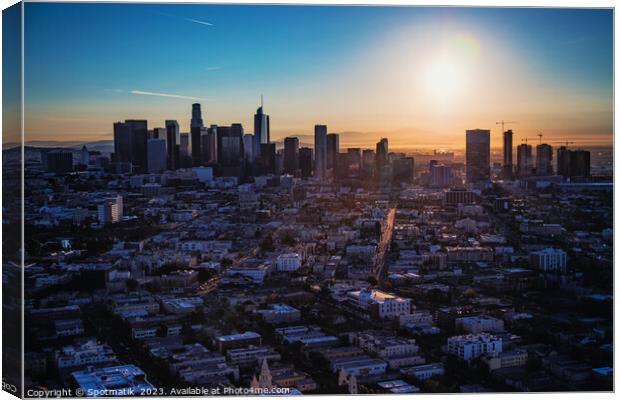 Aerial sunrise view over Los Angeles city skyline  Canvas Print by Spotmatik 