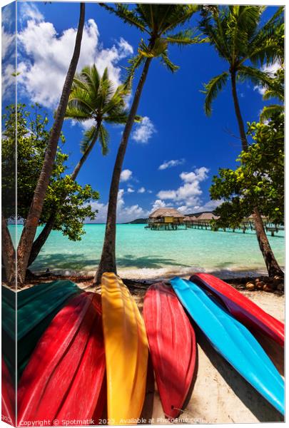 kayaks Bora Bora active vacation luxury resort Polynesia Canvas Print by Spotmatik 
