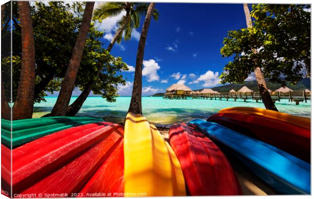 kayaks Bora Bora active vacation luxury resort Polynesia Canvas Print by Spotmatik 