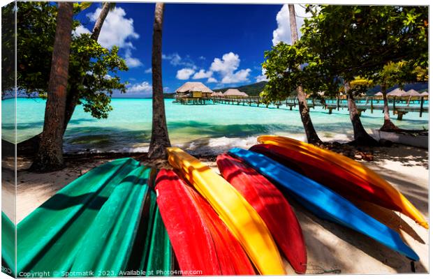 kayaks Bora Bora active vacation luxury resort Polynesia Canvas Print by Spotmatik 