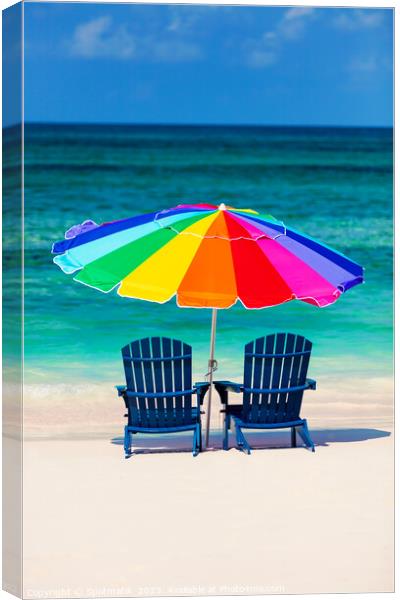 Bahamas Travel vacation beach sun loungers with umbrella  Canvas Print by Spotmatik 