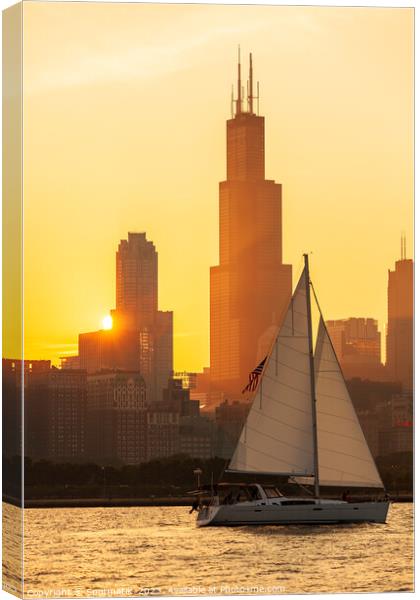 View of yacht sunset Lake Michigan skyline Illinois Canvas Print by Spotmatik 