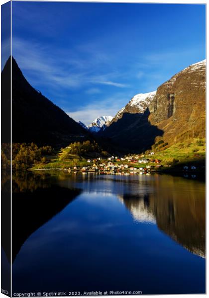 View of Norwegian small town in scenic valley  Canvas Print by Spotmatik 