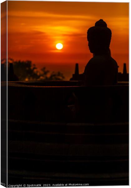 Silhouette at sunrise Borobudur religious temple Java Indonesia Canvas Print by Spotmatik 