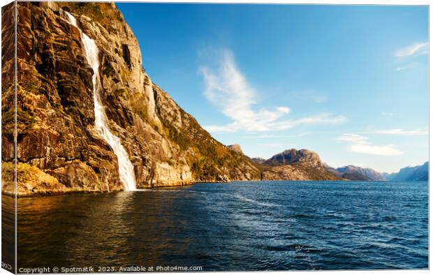 Norwegian scenic cliff waterfall Lysefjorden fjord Norway Europe Canvas Print by Spotmatik 